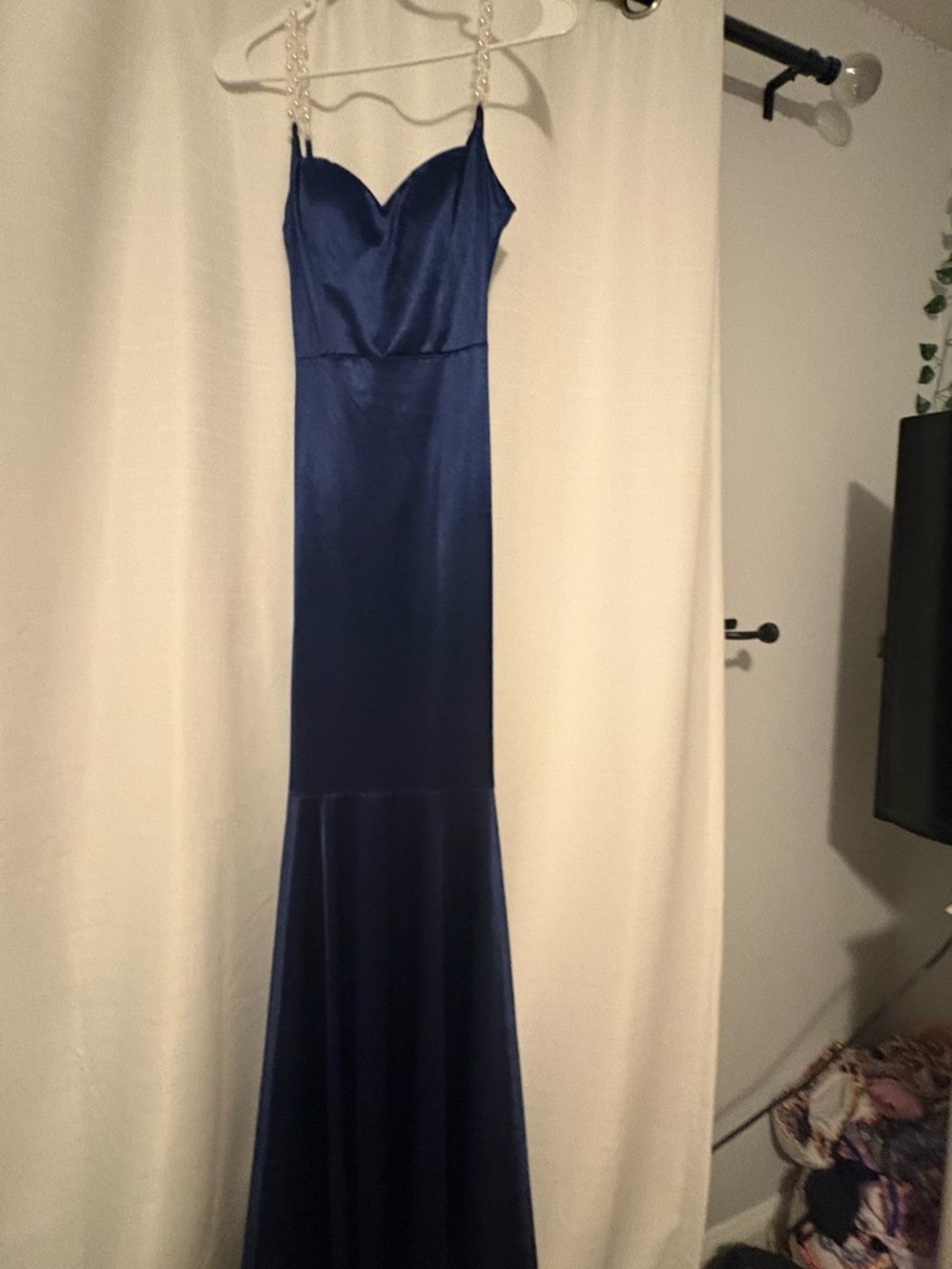 Windsor Navy Satin Mermaid Gown with Chain Straps
